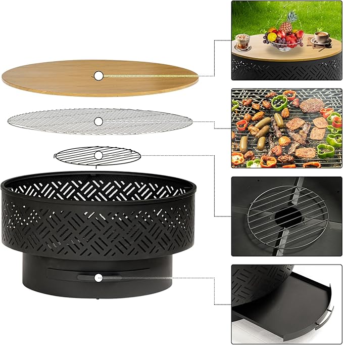32" Wood Burning Fire Pits with Grill & Lid, Fire Pit Table for Outside with Waterproof Cover & Fire Poker, Outdoor Firepit with Functions for BBQ,Table and Bonfire