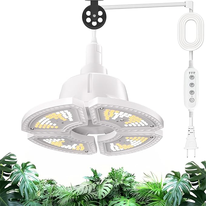 RDJ Bouns Hanging Grow Light for Indoor Plants, 80W Full Spectrum Pendant Grow Lights with 4H/8H/12H Timer Switch, 16.4ft Power Cord, Plug in Plant Lights with Adjustable Pulley and Panel