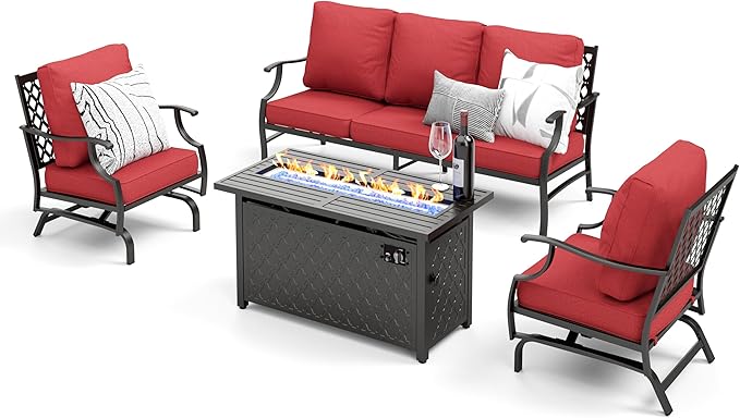 Patio Furniture Set, 4 Pcs Metal Outdoor Conversation Set, 2 Rocking Chairs and 3 Seater Sofa with 5.75" Extra Thick Cushion and Gas Fire Pit Table for Backyard Deck, Red