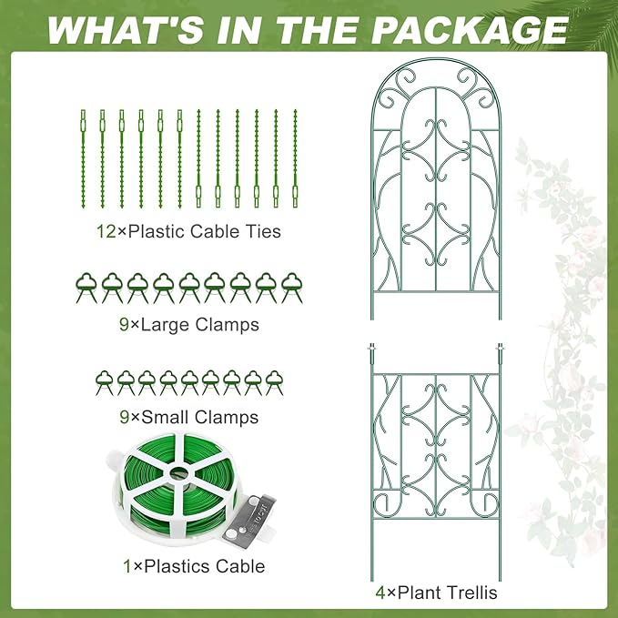 4 Pack 59x16in Metal Garden Trellis for Climbing Plants,Green Large Trellis for Climbing Plants Outdoor, Roses, Vegetables Vines Flowers Support, Large Decorative Outdoor Trellis