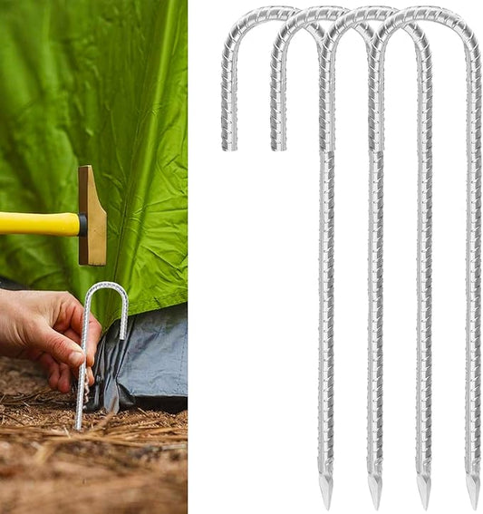 Rebar Stakes 16inx10mm Galvanized J Hook 4pcs – Heavy Duty Ground Tent Stakes for Fence,Bounce House,Outdoor Plants,Artificial Turf,Dog Coop,Metal Stakes for Christmas Decorations