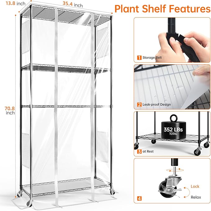 Indoor Greenhouse with Grow Light, Tall Green house with 6 Pack T5 Full Spectrum Plant Lights with Timer, Plant Shelf with Tent for Indoor Plant, Seed Starting, Seed Tray, 35.4"x13.8"x70.8"