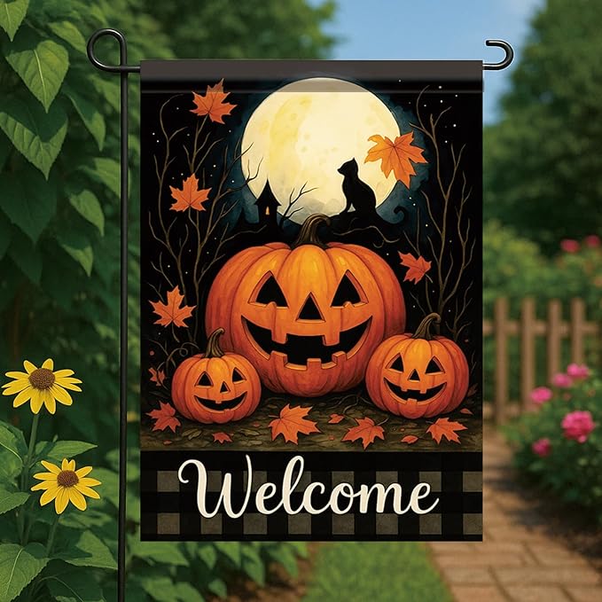 Halloween Garden Flag Pumpkin Cat Full Moon Flag 12x18 Inch Double Sided Outdoor Yard Banner for Trick or Treat Haunted House Fall Halloween Decoration Decor