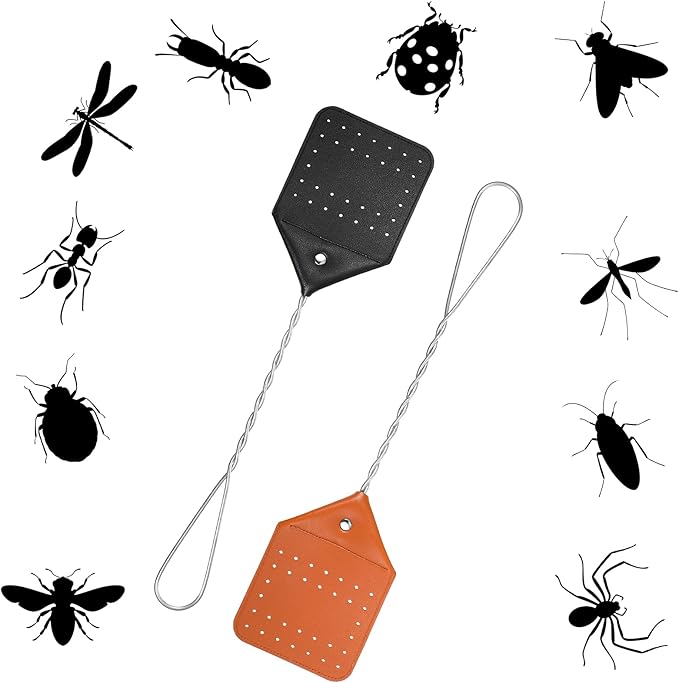 Zopeal 4 Pcs Sturdy Leather Fly Swatter 17 Inch Long Handle Manual Swat Heavy Duty Metal Handle Flyswatter Rustic Fly Swatter for Indoor Outdoor(Royal Blue, Black, Khaki, Dark Brown)