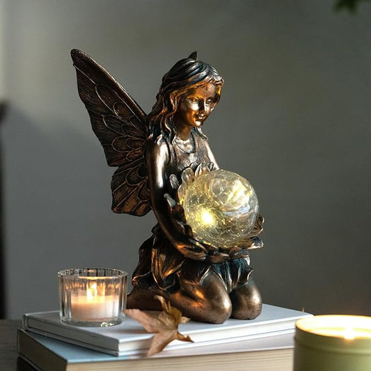 Garden Statues Outdoor Flower Fairy Decor,Solar Powered Outdoor Resin Statues-Patio Lawn Yard Porch, Funny Fairies Ornaments Figurines for Outside Garden Gifts,8.31 Inches Tall