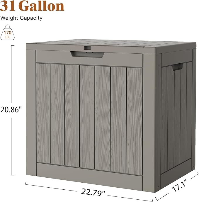Outdoor Storage Box, 31 Gallon Waterproof Deck Box for Outdoor and Indoor, UV-Resistant Outside Storage with Lockable Lid for Patio, Pool, Garden Tools, Package Delivery, Grey