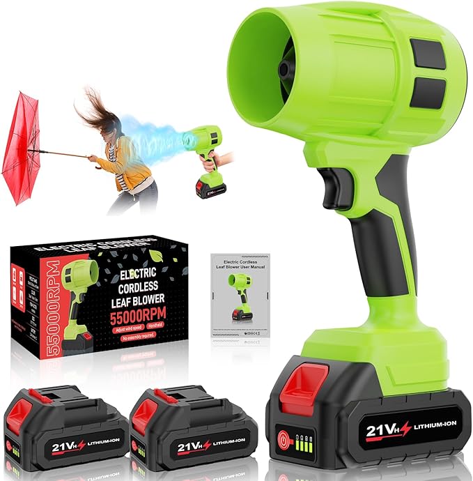 Leaf Blower Cordless with Battery, Turbo Jet Blower, 55000RPM Handheld Leaf Blower 2 X 4.0Ah Batteries for Lawn Care, Patio, Blowing Leaves, Snow Blowing (Green-001)