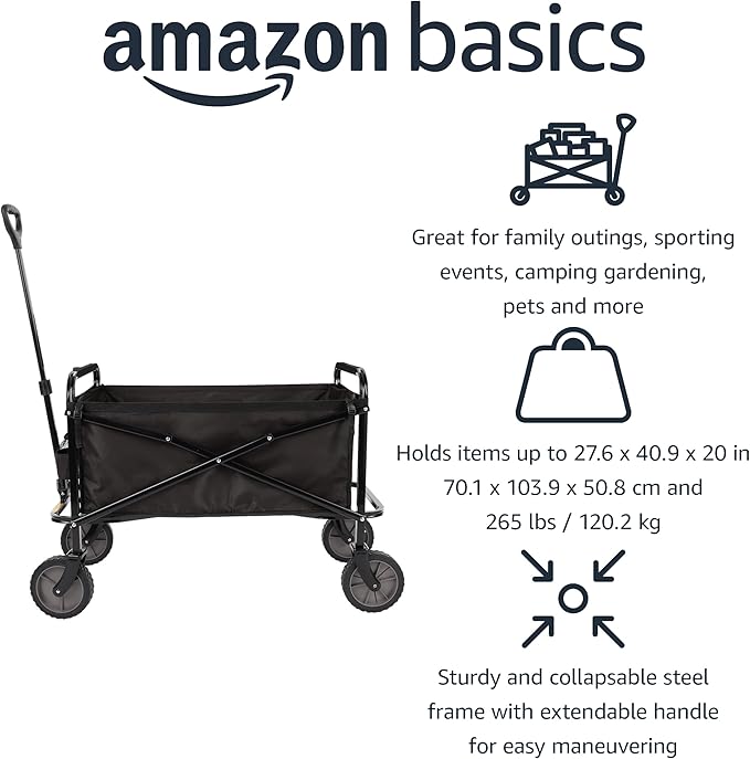 Amazon Basics Collapsible Folding Heavy Duty Utility Wagon for Outdoor Sports, 265 pounds Weight Capacity, Camping, Garden, and Shopping, 27.6 x 40.9 x 20 inches, Black