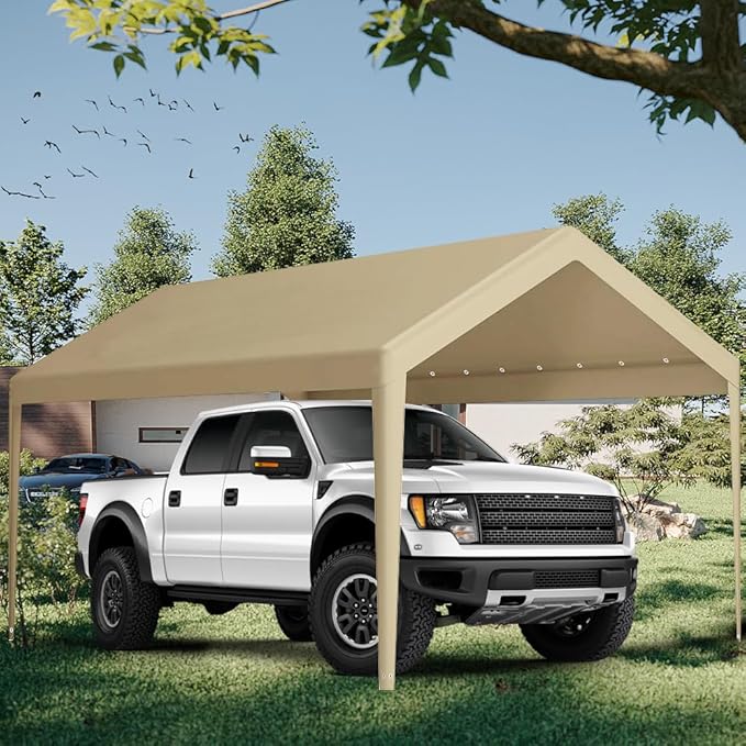 Carport Replacement Canopy, Replacement Top Cover for 10' x 20' Carport Frame, 180G PE Fabric Waterproof & UV Protected Tarp with Ball Bungees, Beige (Only Top Cover, Frame is not Included)