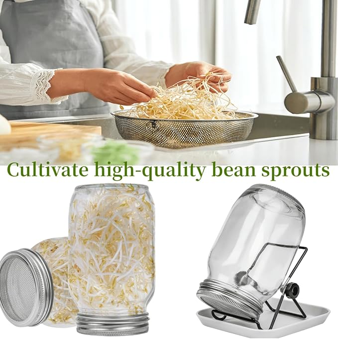Lulonpon 4 Sprouting Jar Kit, Wide Mouth Quart Mason Jars with Stainless Steel Screen Sprout Lids, 86mm,1000ml,Stand,Tray and Canning Brush,Seed Sprouter Set for Growing Broccoli, Alfalfa