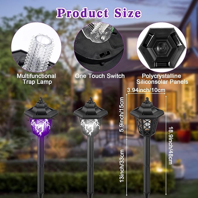 Qualirey 4 Pcs Solar Bug Zapper Outdoor Mosquito Repellent Mosquito Killer Lamp 2 in 1 LED Waterproof Zapper for Home Backyard Patio Garden Lawn Pathway Camping
