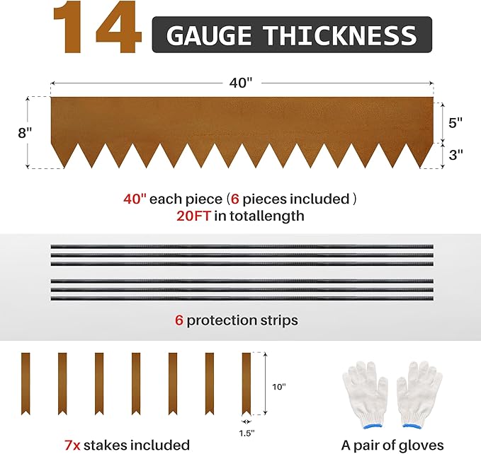 KOL Garden Lawn Edging Pre-Rusted Weather Resistant Steel - 40" L x 8" H (20FT Total Length) - 6-Pack Metal Landscape Edging - 14-Gauge Heavy Duty Hammer in Border w/7 Clips & 6 Protection Strips