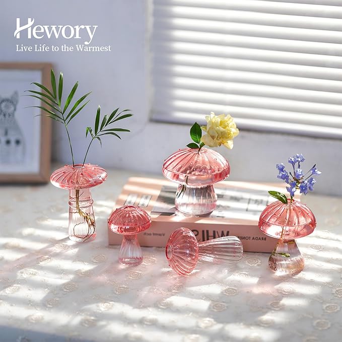 Hewory Mushroom Jars for Plants, 5pcs Pink Glass Mushroom Bud Vase for Flowers, Unique Plant Propagation Stations Propagating Vases Decor, Mini Cute Hydroponic Terrarium Planter for Indoor Planters