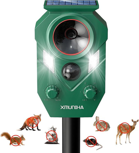 Solar Ultrasonic Animal Repellent Outdoor, Deer Repellent for Yard with RIP Sensor, IP65 Waterproof Squirrels Repeller, Effective Deterrent Cat, Raccoons, Skunks, Rabbits