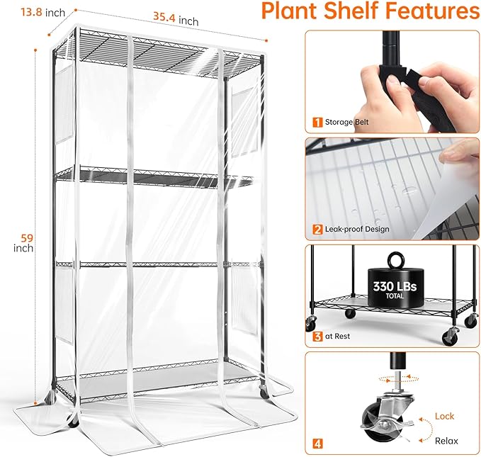 Indoor Greenhouse with Grow Light, Plant Stand with 3 Pack Full Spectrum Plant Lights, 3 Color Modes, Plant Shelf with Tent for Indoor Plant, Seed Starting, Seed Tray, 35.4"x13.8"x59"