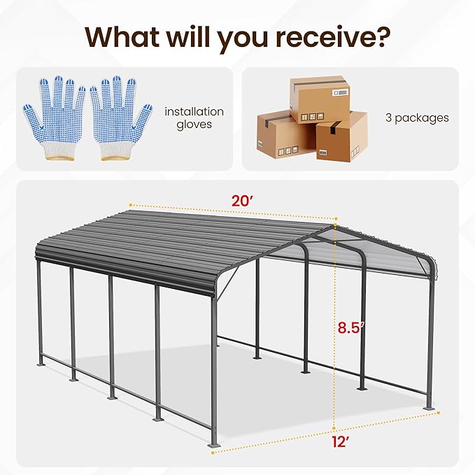 12x20 FT Car Port, Heavy Duty Canopy with Updated Roof & Enhanced Base, Multi-Use Metal Carport Garage for Car, Truck, Boat, Tractors, Party, Grey