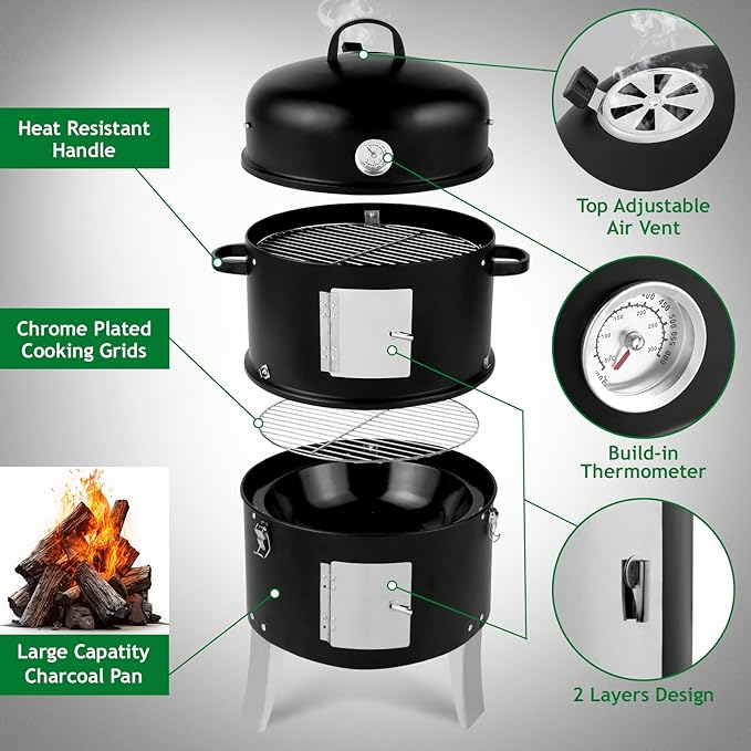 3-in-1 Vertical Charcoal Grill, Outdoor BBQ Charcoal Smoker with Built-in Thermometer, Air Vent, and 2 Access Doors, Perfect for Camping, Picnics, Backyard BBQs, and Tailgating Parties