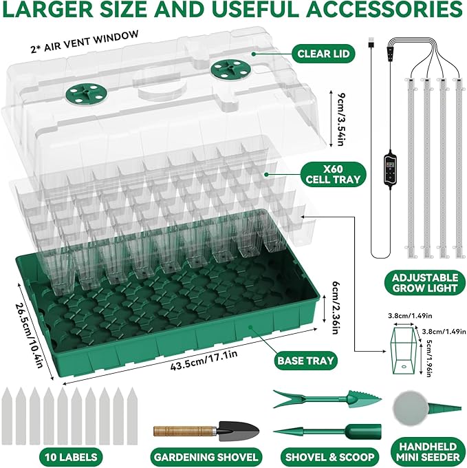 120 Cell Seed Starter Tray, Seed Starter Kit with Growth Light, 3.54-inch Humidity Dome Seedling Germinatio Starter Kit, Indoor Seed Germination Tray for Plant Reproduction and Seed Initiation.