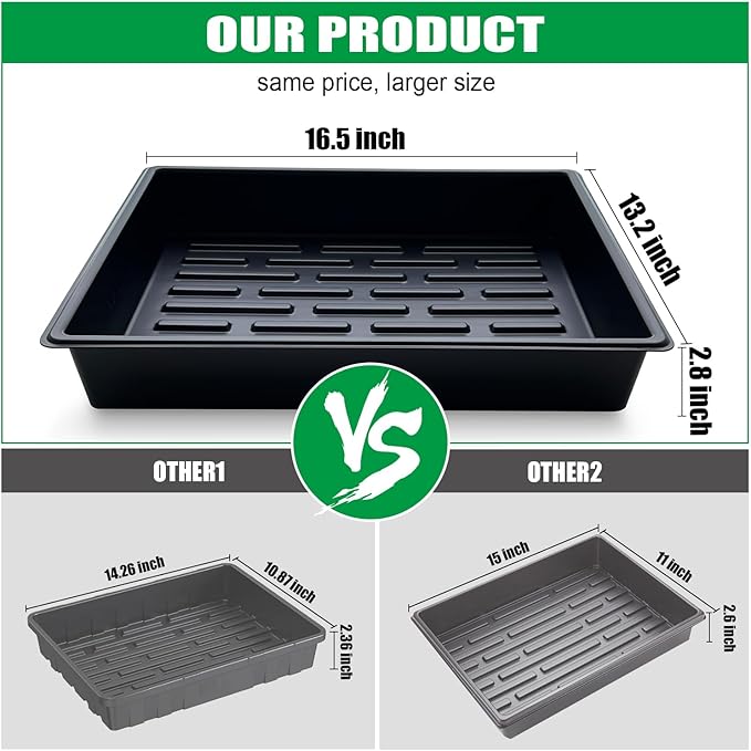 Seed Starter Tray, 10 Packs Plant Tray, Durable Plastic Growing Trays, Stackable Seedling Starter Trays Perfect for Indoor, Outdoor, Greenhouses, 16.5" L x 13.2" W x 2.8" H - Black
