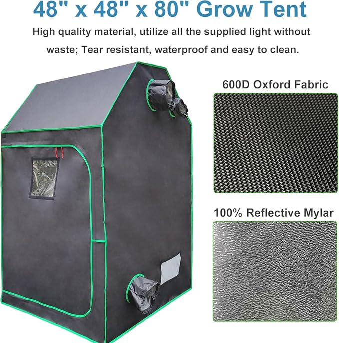 Grow Tent Kit Complete System High Reflective Mylar Indoor Grow Tent Hydroponics Growing Tent with Full Spectrum LED Grow Light Observation Window, Ventilation Fan,Carbon Filter (48" x 48" x 80")
