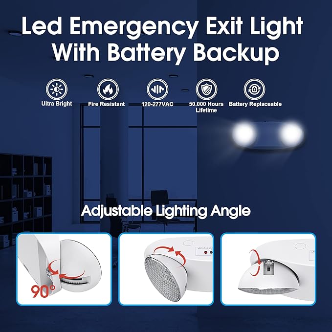 Emergency Light with Battery Backup, Commercial Hardwired Exit Lighting Fixtures, Two Adjustable Head Bug Eye LED Emergency Lighting, AC 120-277V, UL Certified (6 Pack)