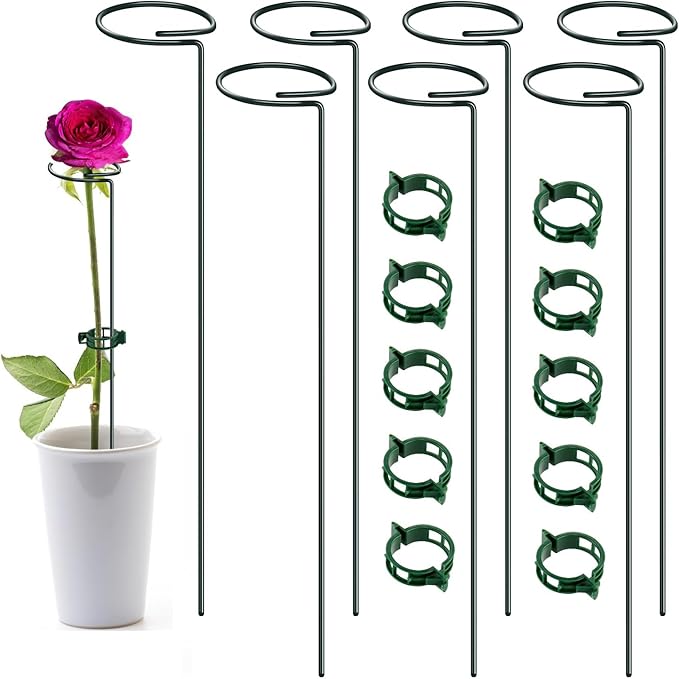 16 Inch Plant Support Stakes (Pack of 7), Garden Single Stem Amaryllis Flower Stake, Metal Plant Cage Support Rings Plants Support Sticks with 10 PCS Plant Clips