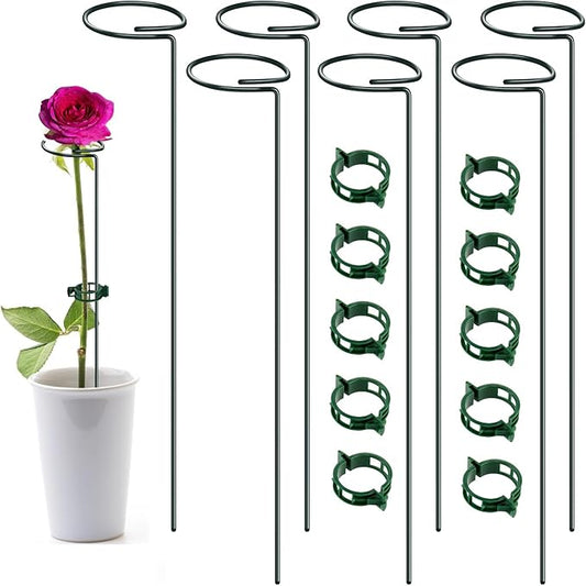 16 Inch Plant Support Stakes (Pack of 7), Garden Single Stem Amaryllis Flower Stake, Metal Plant Cage Support Rings Plants Support Sticks with 10 PCS Plant Clips