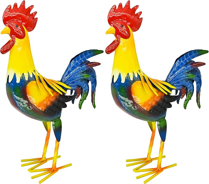 MACLARONX 2 PCS Metal Rooster Yard Art Outdoor Garden Decor Roosters Chicken Statue Decorations for Kitchen Home Lawn Patio, Multicolor
