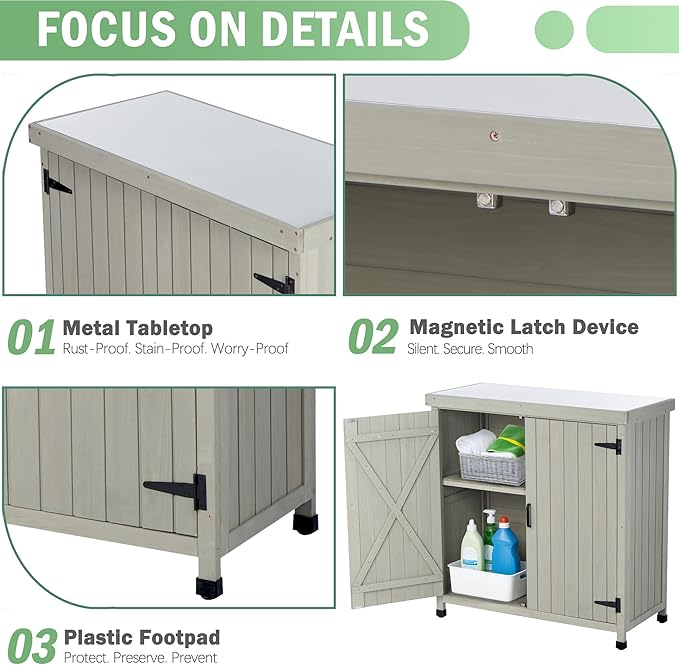 Outdoor Potting Bench with Metal Work Top,Waterproof Garden Storage Cabinet,Wooden Tool Station Shed for Backyard,Patio,Lawn Gardening