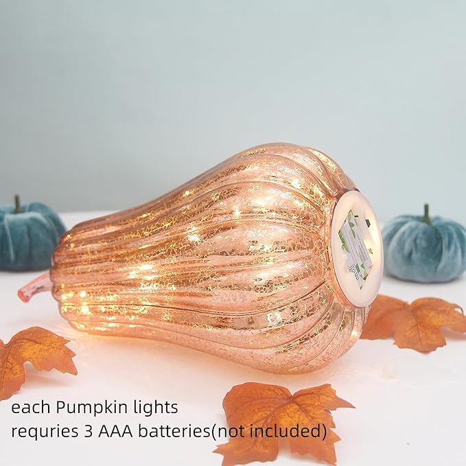 Mercury Glass Pumpkin Lights with Timer, Battery Operated Led Pumpkin Lights for Halloween Fall,Thanksgiving Rustic Decor (Rosegold Common, 11")