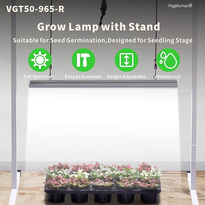 50Watt 2 Feet LED Grow Light Lamp Stand Rack with White Light Full Spectrum CRI90+ for Seedling,Seed Starting Plant Growing,Iron Pipe Frame,Aluminum Heat Sink,CCT6500K,Lamp Height Adjustable