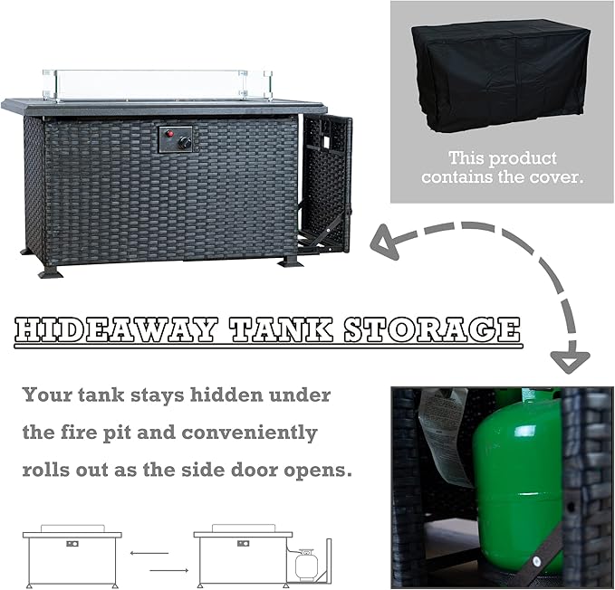 Kozyard Outdoor Patio Propane Gas Fire Pit Table - 50,000 BTU Wicker Design with Aluminum Tabletop, Glass Wind Guard, Clear Glass Rocks, and Slide Out Tank Holder - Ideal Patio Fire Table (Gray)