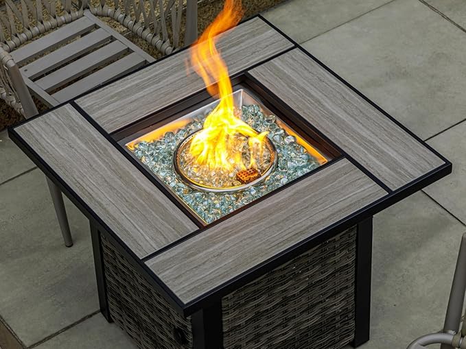 30" Propane Fire Pit Table with Real Ceramic Tabletop & Ratten Side Panel, 50000 BTU Gas Firepit Table with Lid & Glass Rock, Outdoor Fire Pit for Dining or Party, Firepit for Outside, Patio