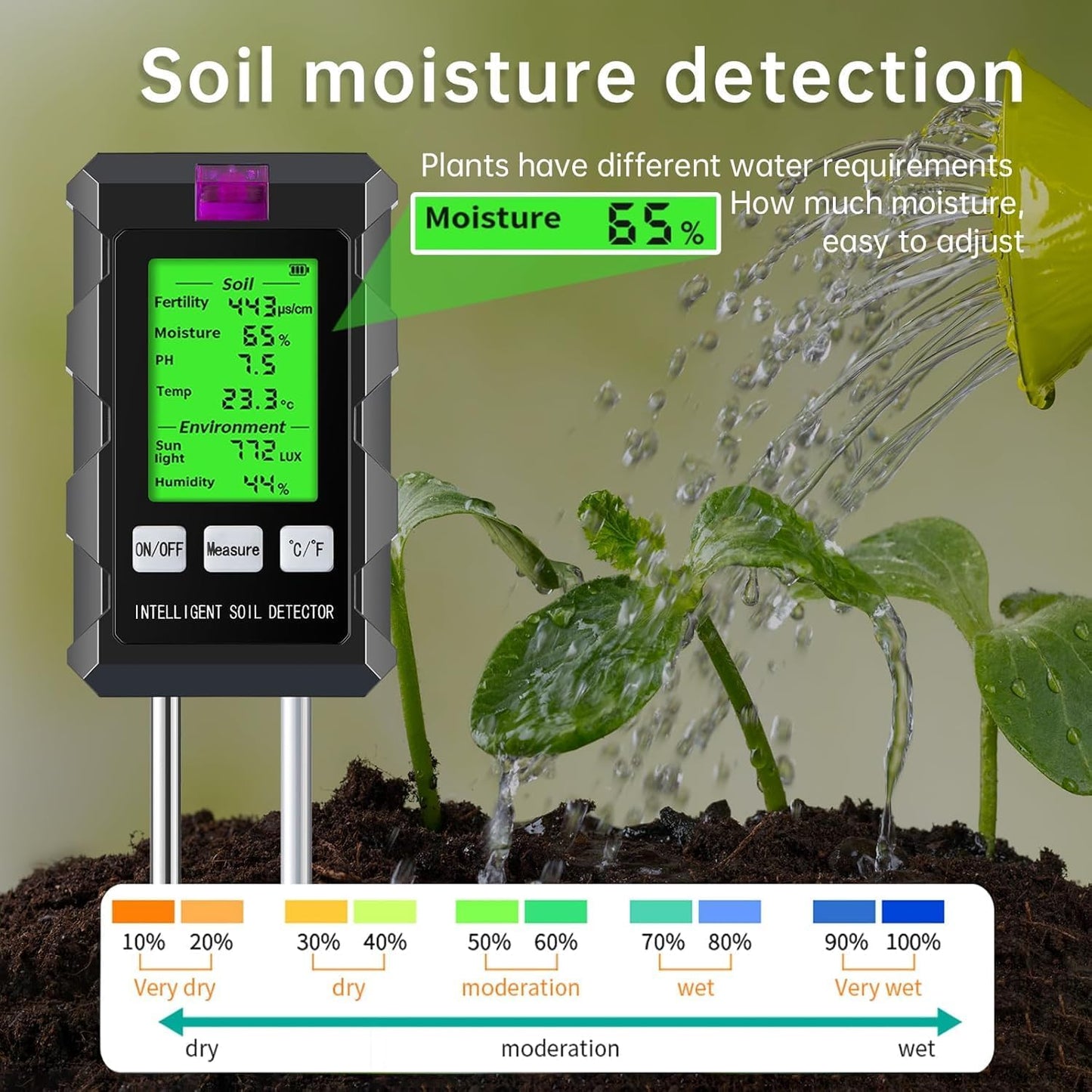 6-in-1 Soil Moisture Meter, pH/Temperature/Soil Moisture/Sunlight/Air Humidity/Soil Fertility Soil Tester for Farming, Gardening, Lawns and Outdoor Plants (2*AAA Battery Needed)