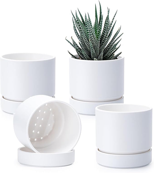 Phoenix Vine 4 Inch Planter Pot with Drainage Hole & Saucer, Deep Water Catch Tray, Straight Cylindrical Round Pot for Plants, Matte White, Pack of 4, 23-B-R-4