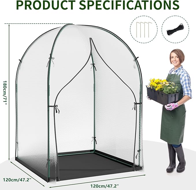 SUNYRISY Greenhouse for Outdoors with Waterproof Pad, Thick Bubble Film Cover Portable Small Mini Green House Kit for Outside, Walk in Zippered Door Grow Tent Plant Cover, 47" L x 47" W x 71" H