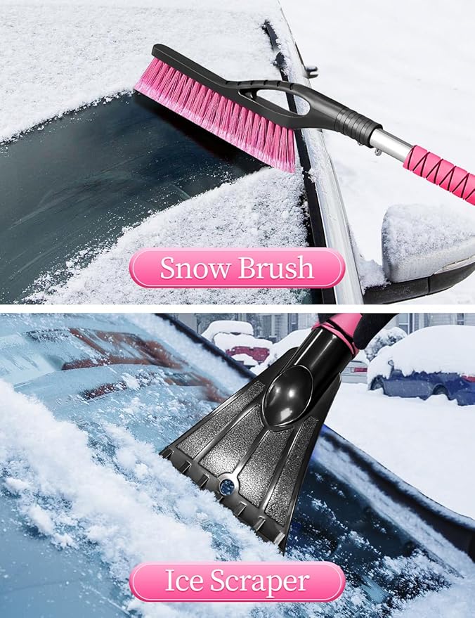 HEEYA 42.2 Inch Ice Scraper and Brush for Car, Snow Brush and Ice Scraper for Windshield Window, Car Snow Scraper with Foam Grip for SUV Truck Jeep Vehicle - Pink