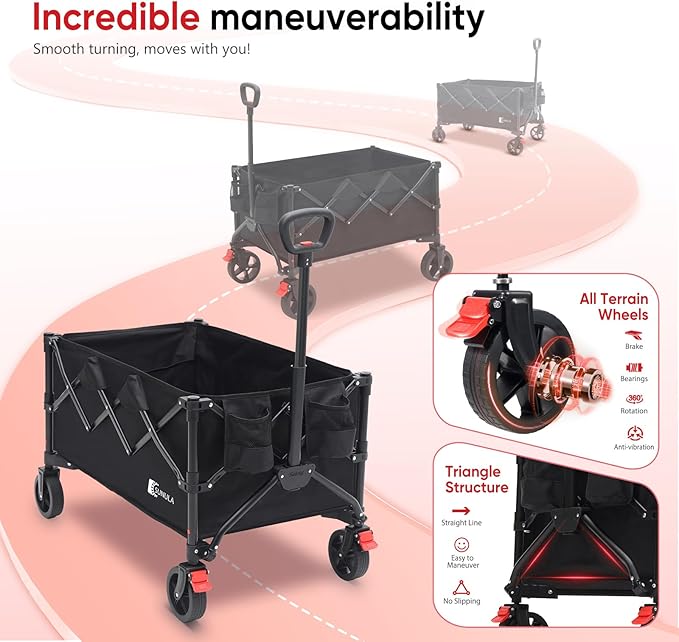 Collapsible Foldable Wagon Cart with 330lbs Weight Capacity, Heavy Duty Folding Wagon Cart with Big All-Terrain Wheels & Drink Holders. Black