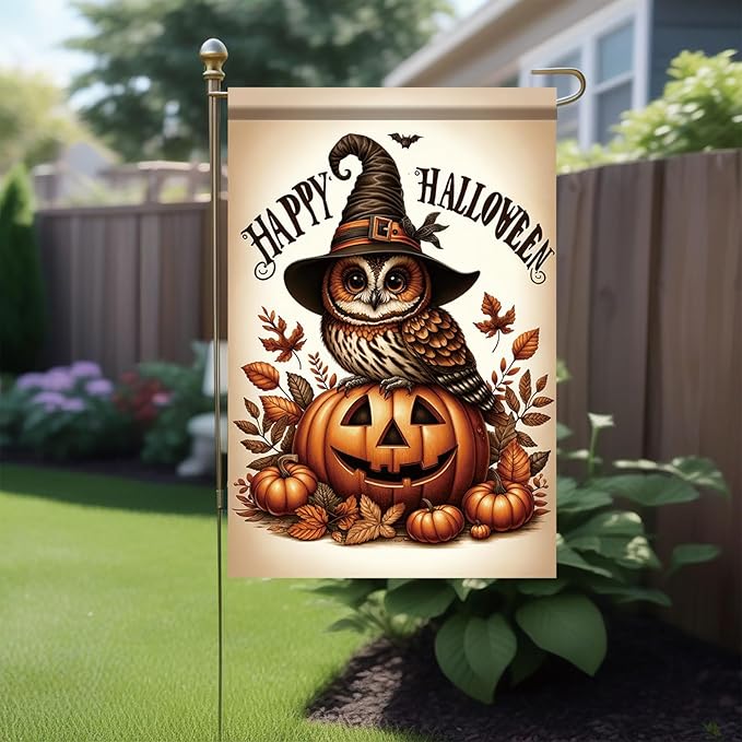 12 x 18 Inch Halloween Garden Flag Owl Pumpkin Witch Hat Outdoor Yard Decoration Double Sided Happy Halloween Banner for Outside Decorations Garden Yard Autumn Harvest Holiday Theme