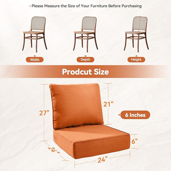 Luxury 6" Outdoor Cushions for Patio Furniture, 24x24x6 Thick Seat Cushion Set of 5, Fade Resistant Couch Chair Replacement Cushions High Density Deep Wicker Chair Cushion w/Removable Cover, Orange