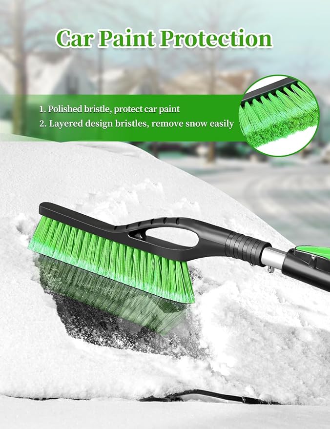 HEEYA Ice Scraper and Brush for Car, Extendable Snow Brush and Ice Scraper for Car Windshield Window, Car Snow Scraper and Brush with Foam Grip for SUV Truck Automobile Vehicle - Green