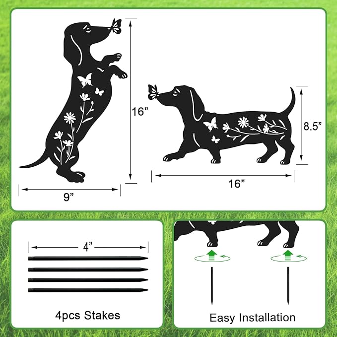 Set of 2 Metal Dog Garden Statues for Outside, Dachshund Metal Garden Decor for Outdoor,Yard,Lawn,Garden Stakes