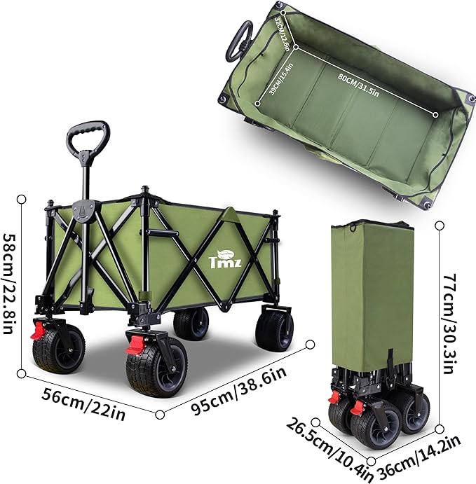 TMZ Collapsible Folding Wagon Cart, Outdoor Utility Garden Cart, Heavy Duty Camping Wagon with Big Wheels, Foldable Wagon for Sports, Shopping, Fishing and Beach-Green