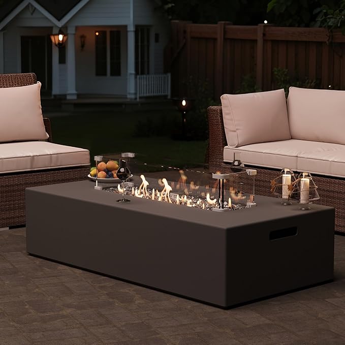 2-Piece Outdoor Propane Fire Pit Table Set – Premium Marble-Like MgO Finish, 56-Inch Gas Fire Table with Glass Wind Guard for Patio, Garden & Backyard, Includes Rain Cover & Glass Beads