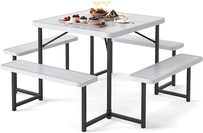 Giantex Picnic Table Bench Set for 4-8 People, 34" Outdoor Square Dining Table & 2 Benches w/Umbrella Hole, HDPE Tabletop, Metal Frame, Patio Camping Furniture for Backyard Porch Lawn (White,Square)