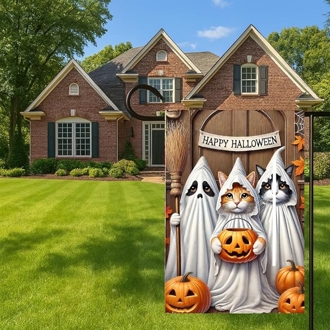 Halloween Pumpkin Witch Cat Garden Flag 12x18 Inch Double Sided Fall Yard Flag