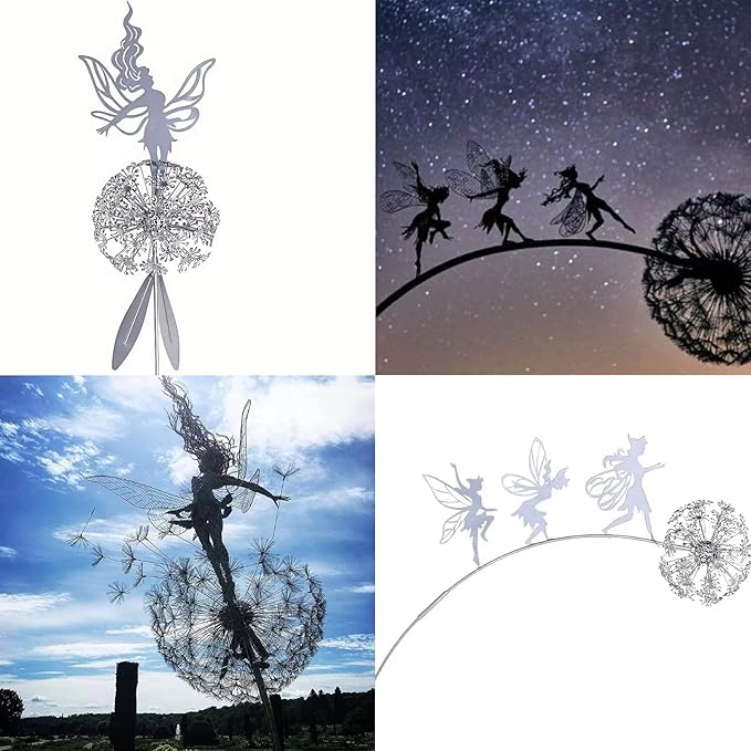 Flower Fairy Dancing with Dandelion, Art Sculpture Fairies for Fairy Garden, Angel Metal Ornaments Gardens Art Sculpture, Outdoor Decorations for The Courtyard, Lawn and Terrace (B)