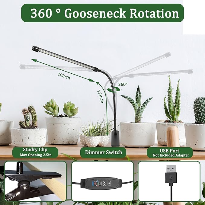 LED Grow Lights for Indoor Plants, 6000K Clip Plant Light with White Red LEDs, Grow Light Strips for Seed Starting 9 Dimmable Levels Auto ON Off with 3/9/12H Timer