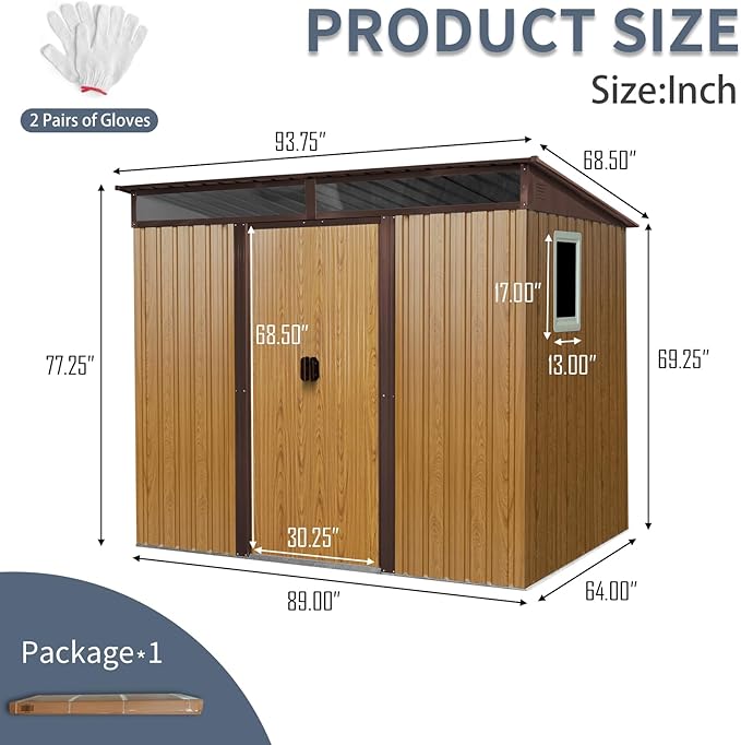 8x6 FT Outdoor Metal Storage Shed with Window, Lockable Sliding Doors and Transparent Plate - Patio Shed for Backyard, Garden, Lawn (Coffee)