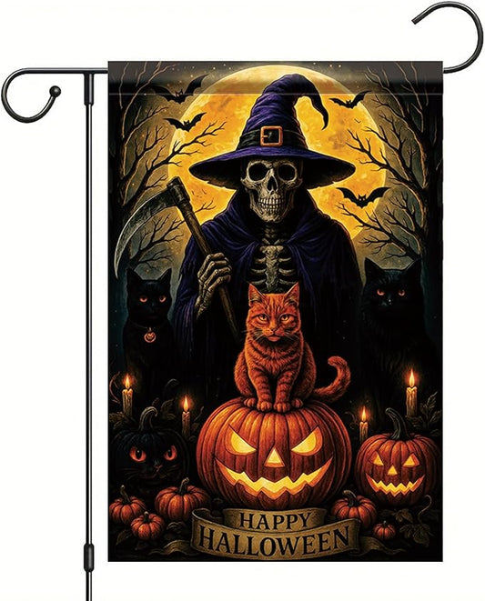 Halloween Garden Flag Witch Skeleton Cat Pumpkin Flag 12x18 Inch Double Sided Outdoor Yard Banner for Trick or Treat Haunted House Halloween Decoration Decor